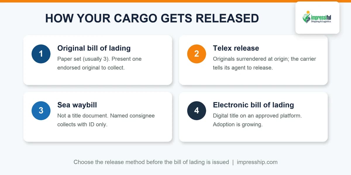 Bill of lading release options: original, telex release, sea waybill and electronic bill of lading