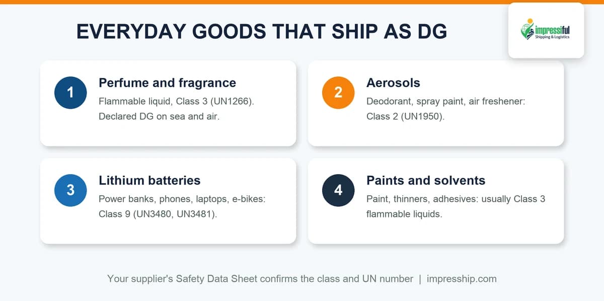Dangerous goods shipping: perfume, aerosols, lithium batteries and paints shown with their classes