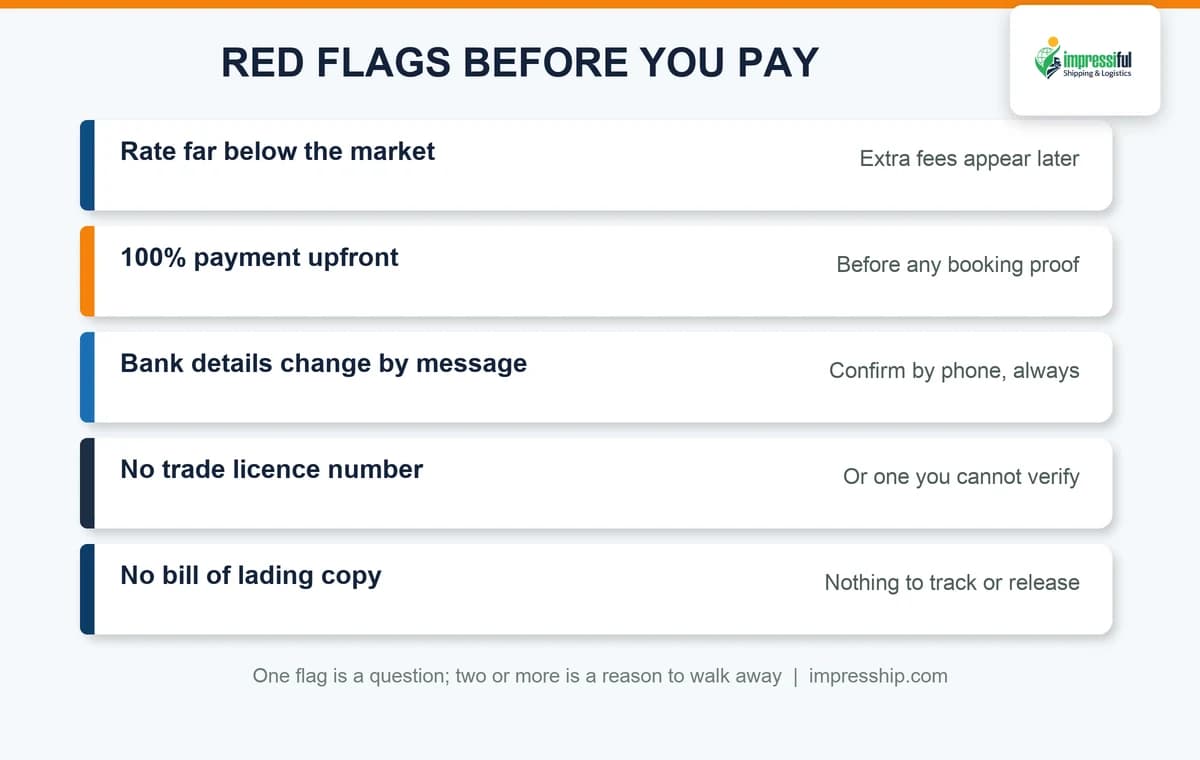 Freight forwarder red flags before you pay: low rates, full upfront payment, changed bank details